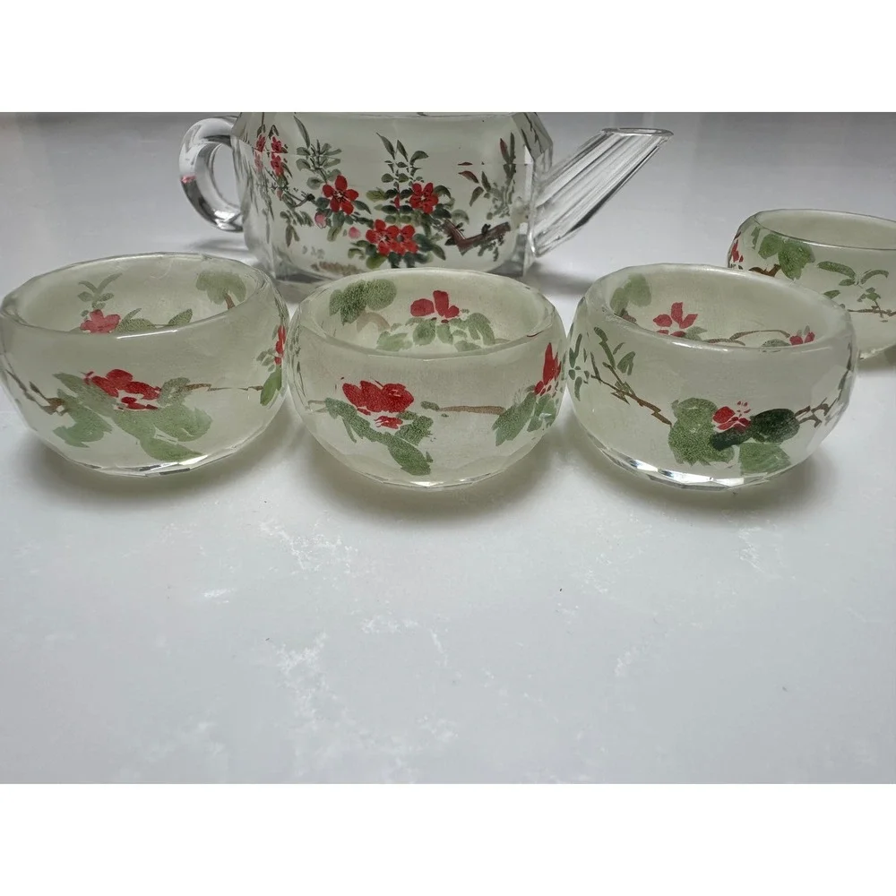 Vintage Cut Glass Miniature Tea Set‎ Teapot 4 Cups Bird Floral Motif Chinoiserie